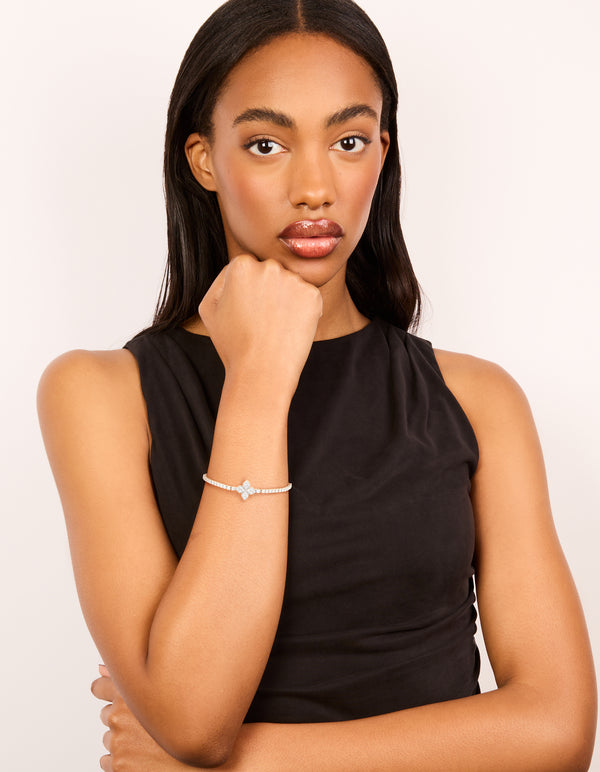 Silver Cubic Zirconia 4-Petal Flower Toggle Bracelet