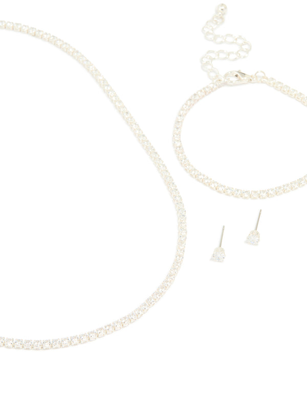 Silver Cubic Zirconia Tennis Necklace, Bracelet & Earrings Set