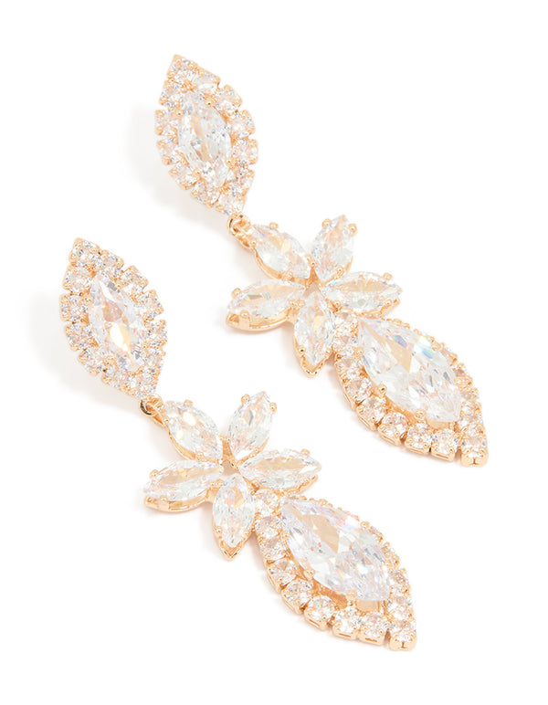 Gold Cubic Zirconia Statement Flower Drop Earrings