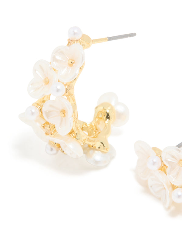 Gold White Acrylic Flowers Hoop Earrings