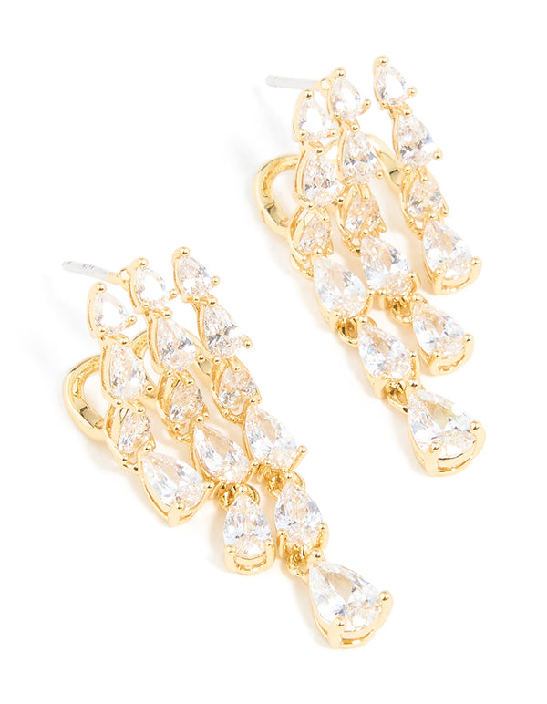 Gold Plated Cubic Zirconia Teardrop Triple Drop Earrings