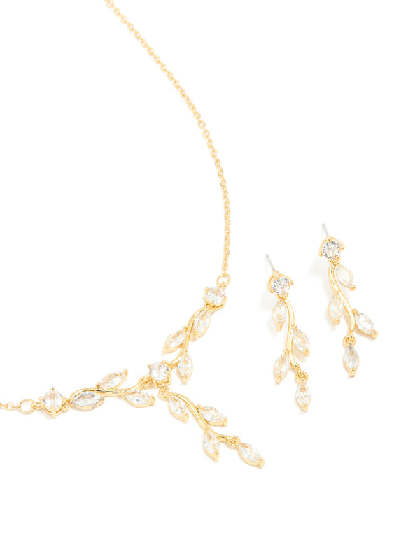 Gold Plated Cubic Zirconia Vine Drop Earrings & Necklace Set