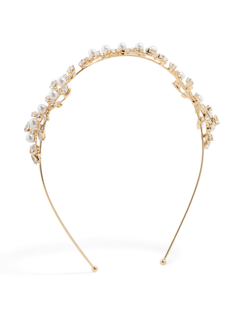 Showcasing a cubic zirconia vine and pearl headband in gold front view