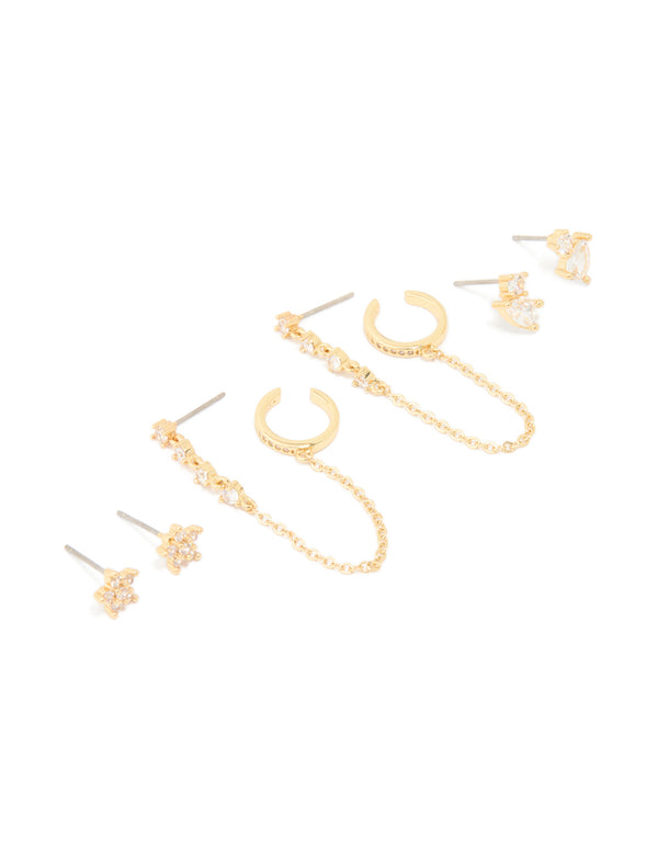 Gold Plated Brass Cubic Zirconia Stud & Chain Earrings 3-Pack