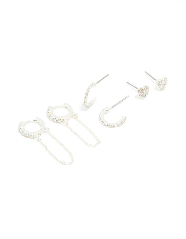 Silver Diamante Heart Hoop & Chain Earrings 3-Pack