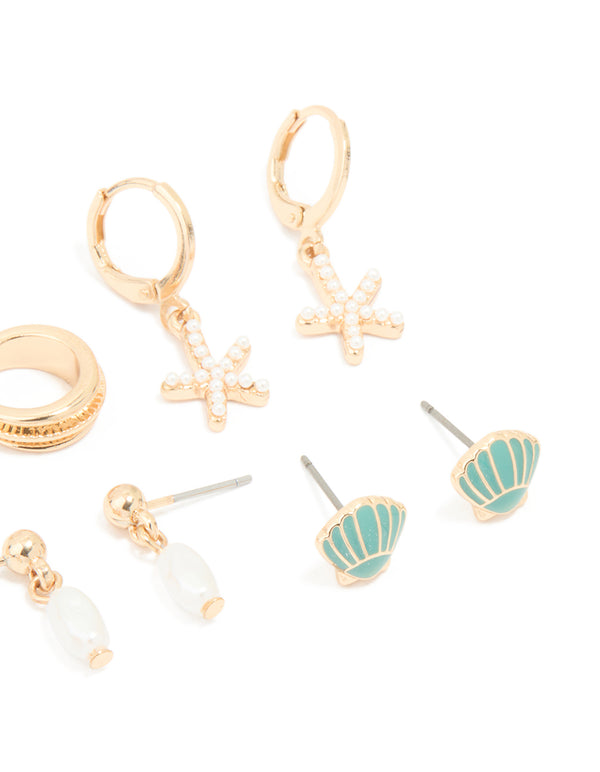 Gold Starfish & Shell Mixed Earrings 6-Pack