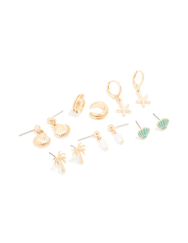 Gold Starfish & Shell Mixed Earrings 6-Pack