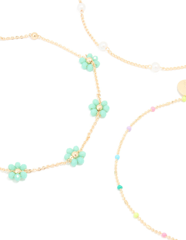 Gold Pastel Beaded & Pearl Flower Anklets 3-Pack