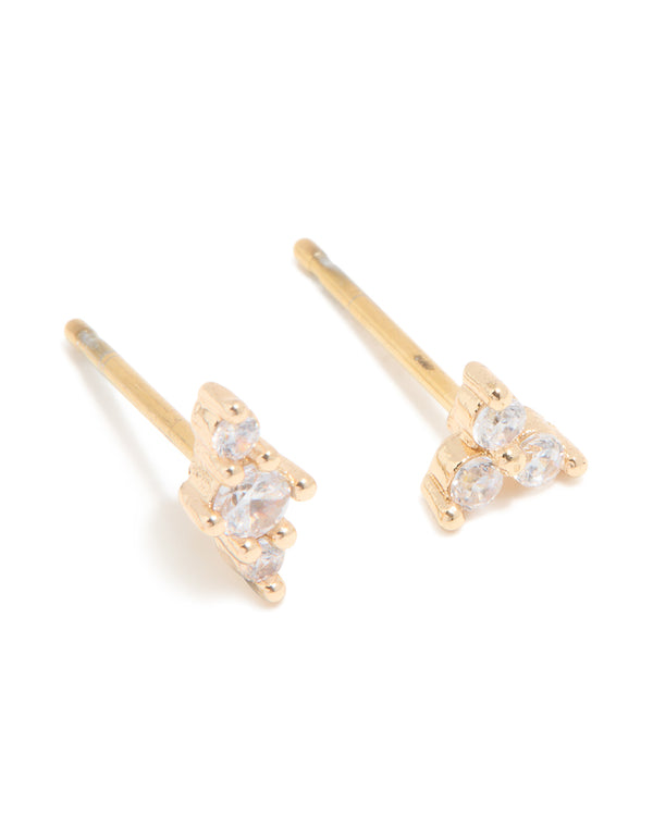 Gold Plated Surgical Steel Cubic Zirconia Teardrop & Triangle Stud Earrings Stack 3-Pack