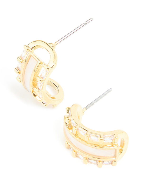 Gold Plated Cubic Zirconia Baguette Inlay Hoop Earrings