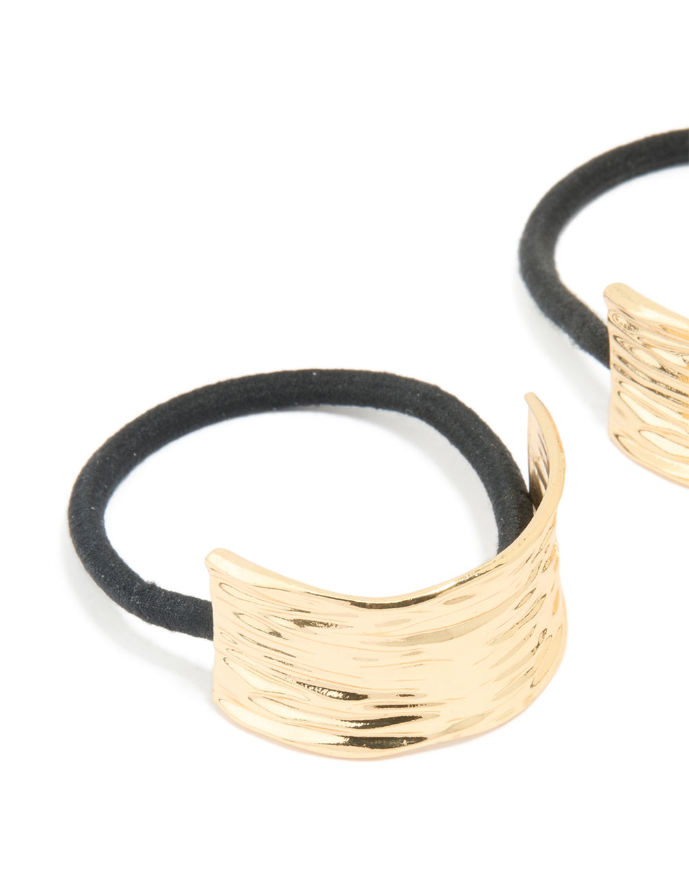 Featuring gold textured curved hair ties in a 2-pack with black elastic bands side view