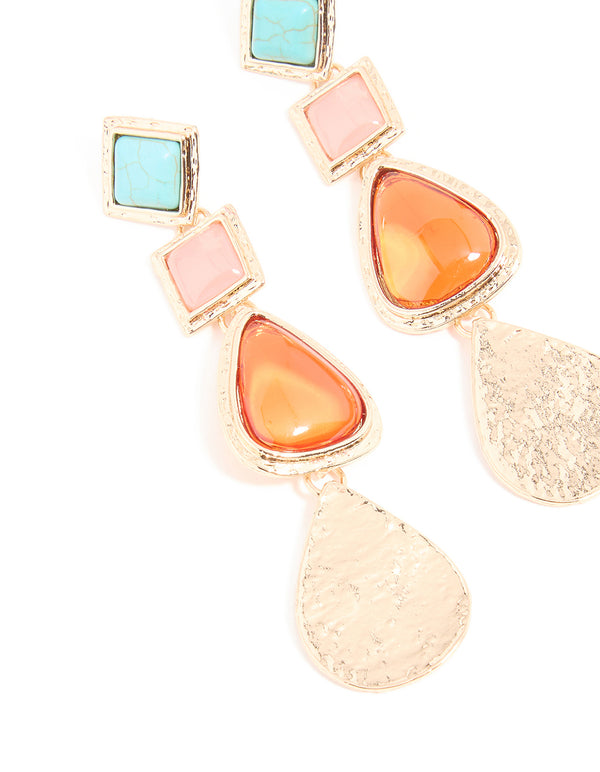 Gold Bright Stone Triangle Molten Drop Earrings