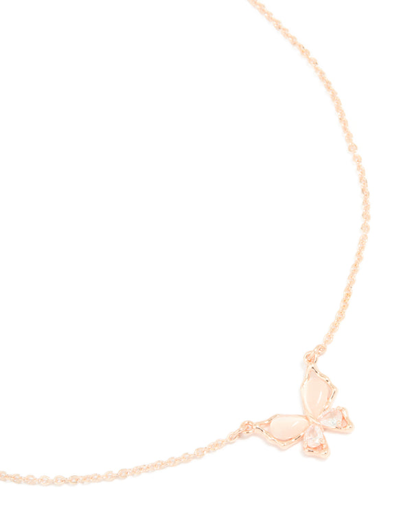 Rose Gold Plated Cubic Zirconia Butterfly Inlay Pendant Necklace