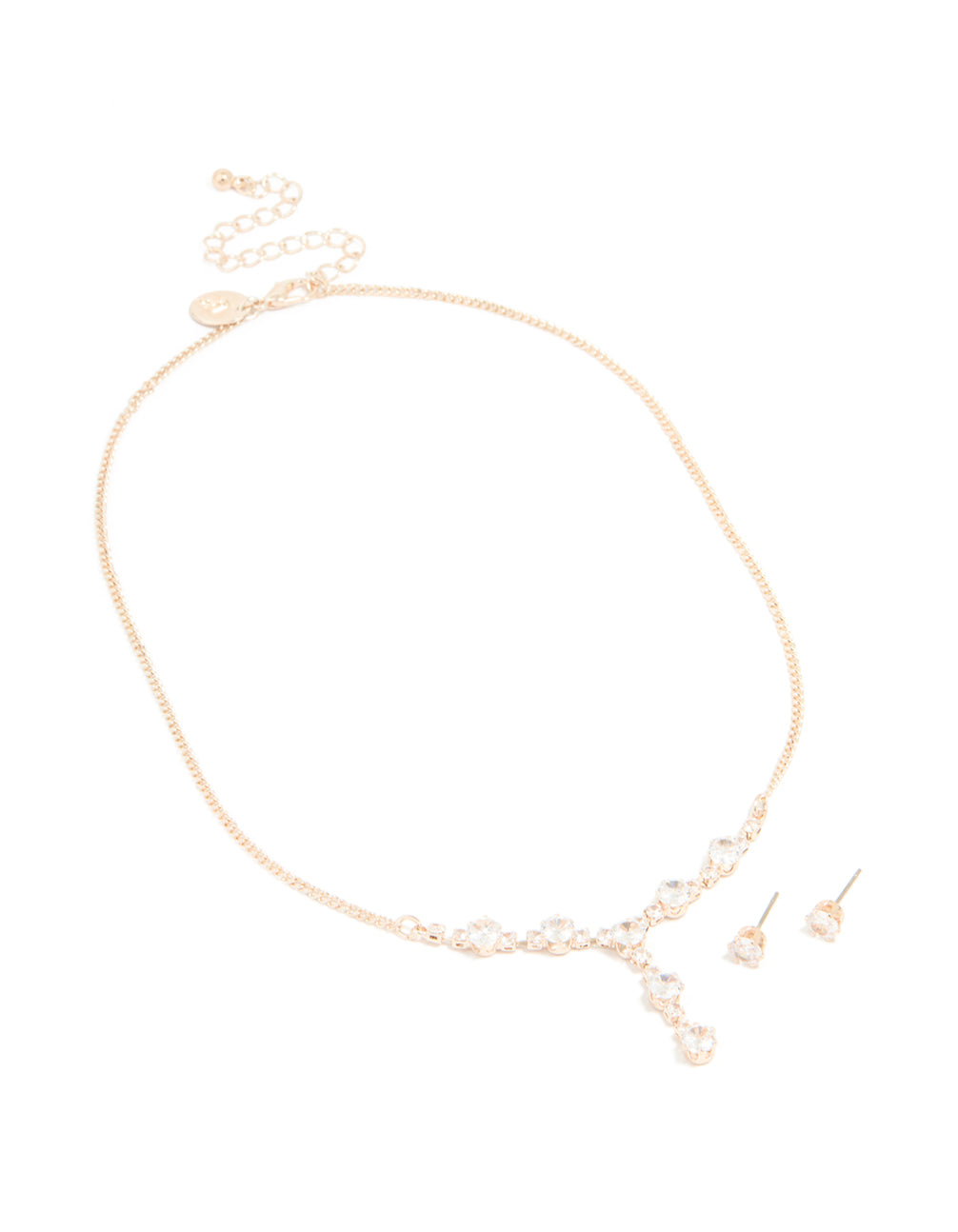 Rose Gold Plated Cubic Zirconia Y-Necklace & Stud Earrings Set