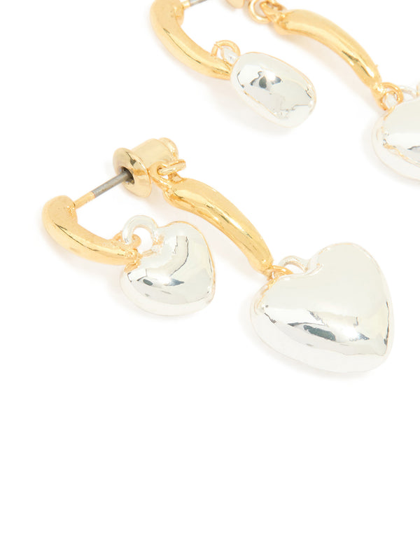 Mixed Metal Double Puffy Heart Stud Earrings