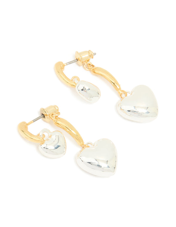 Mixed Metal Double Puffy Heart Stud Earrings