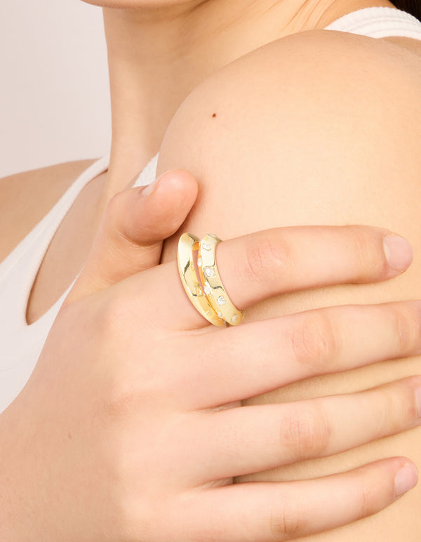 Gold Plated Knife Edge & Diamante Checkered Rings 2-Pack