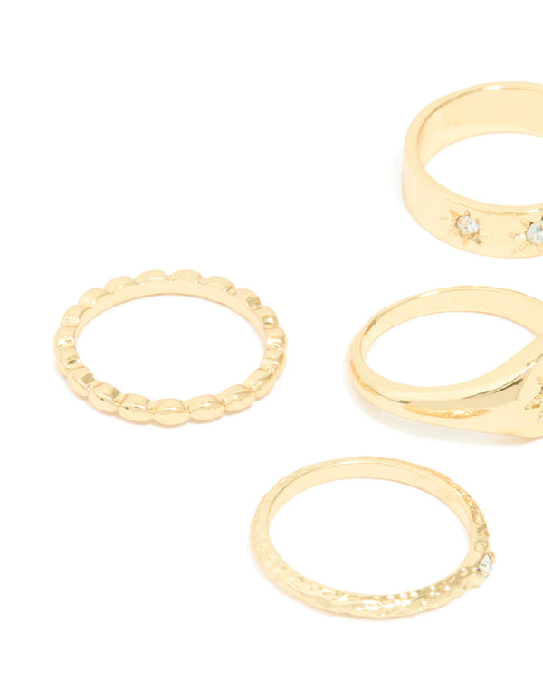 Gold Plated Star Stamped Signet & Textured Rings 5-Pack
