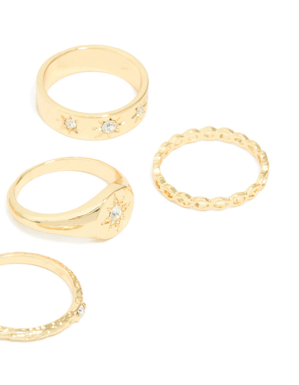 Gold Plated Star Stamped Signet & Textured Rings 5-Pack