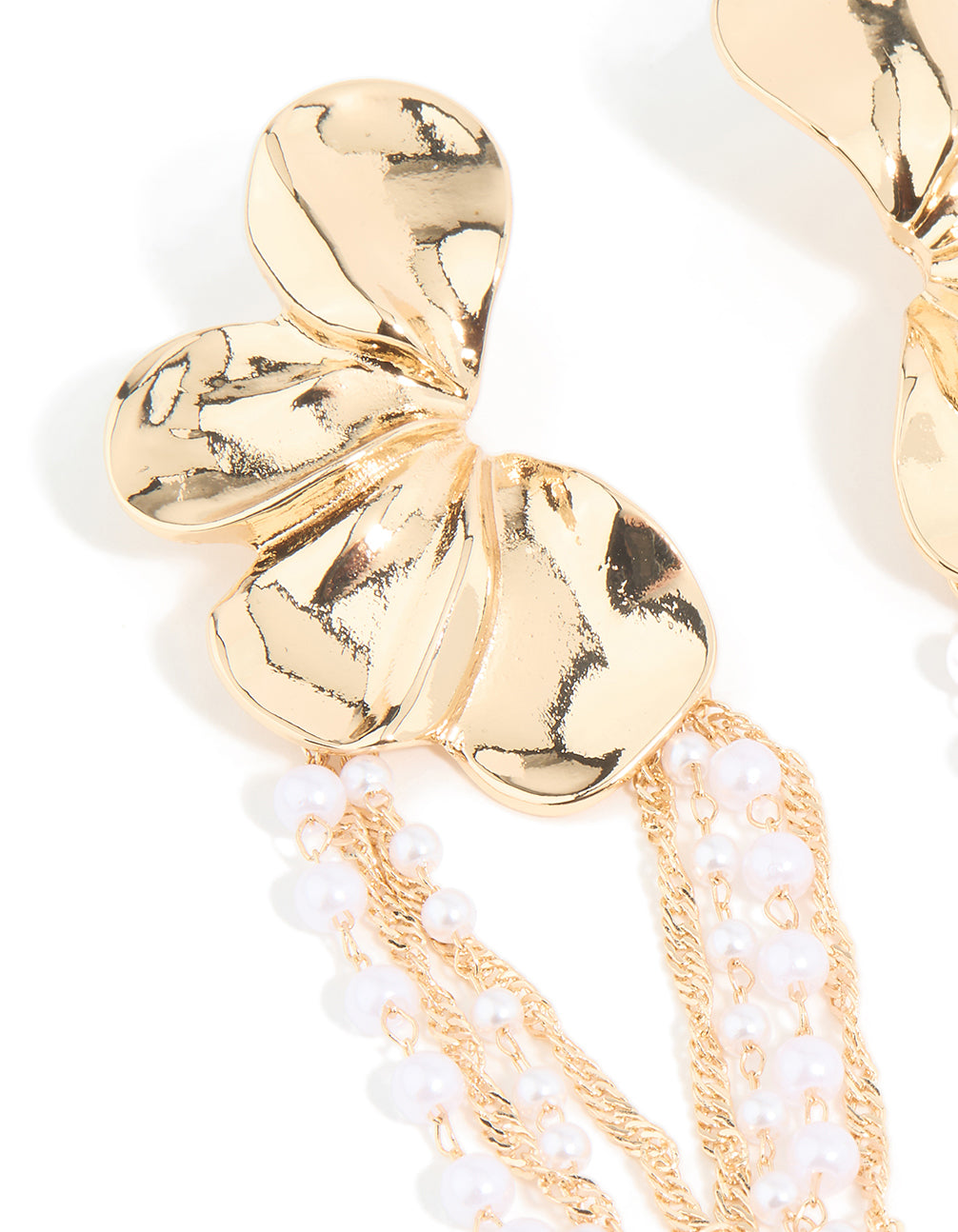 Gold Pearl Statement Floral Chain Drop Earrings