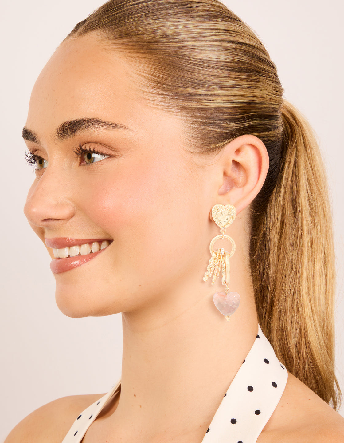 Worn Gold Heart & Ring Textured Drop Earrings