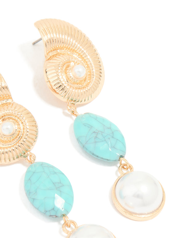 Gold Shell Aqua Stone Pearl Drop Earrings