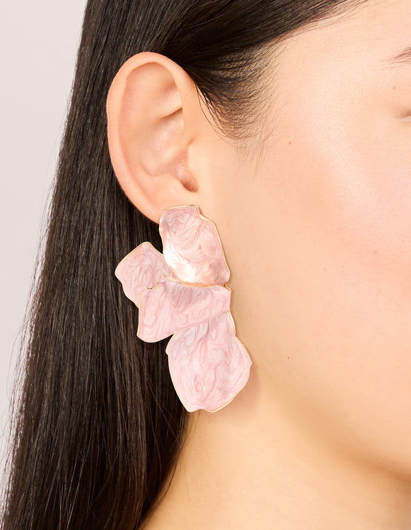 Gold Pink Enamel Organic Flower Stud Earrings