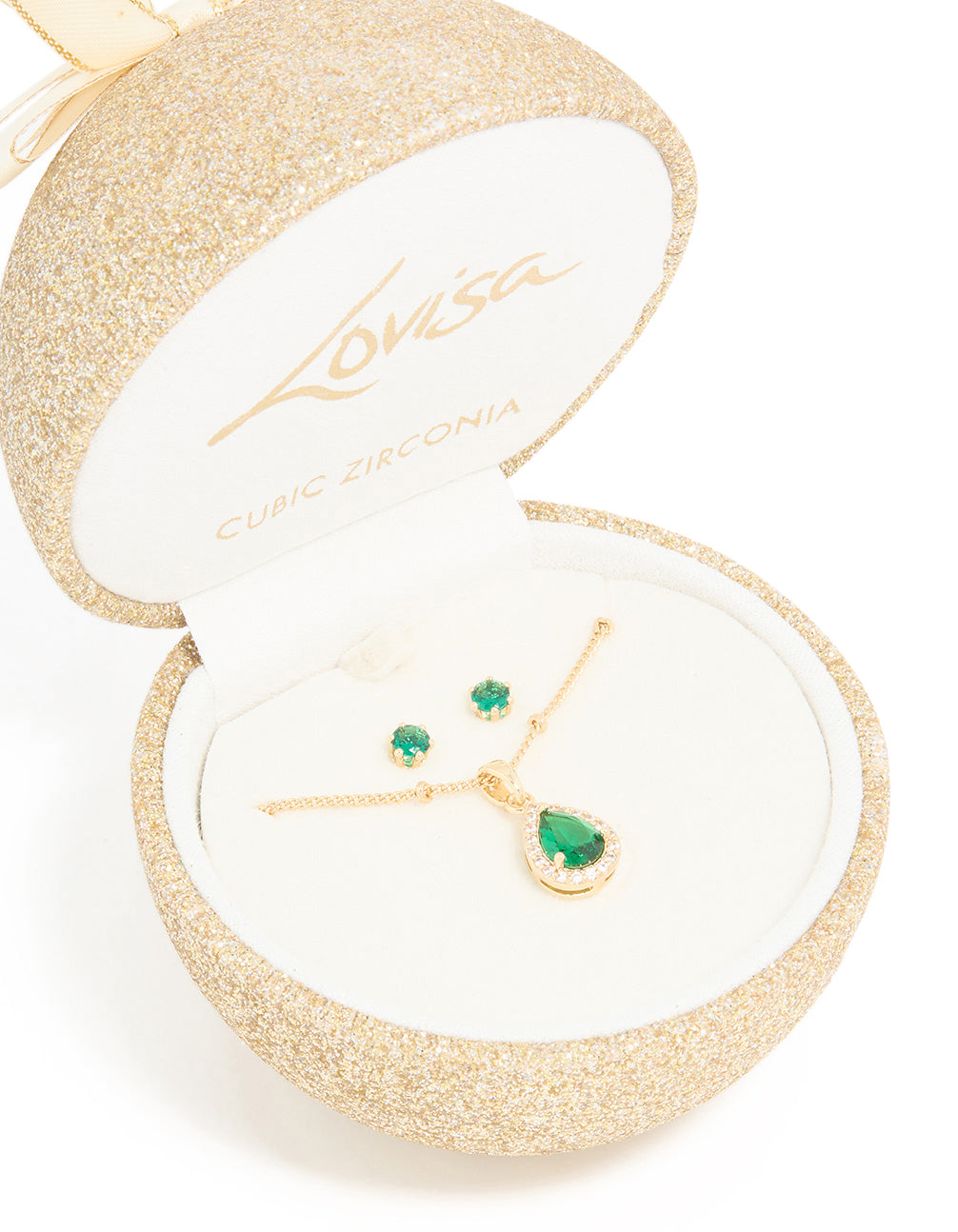 Gold Emerald Cubic Zirconia Necklace & Earrings Set