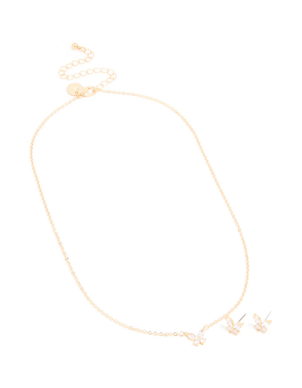 Gold Cubic Zirconia Butterfly Necklace & Earrings Set