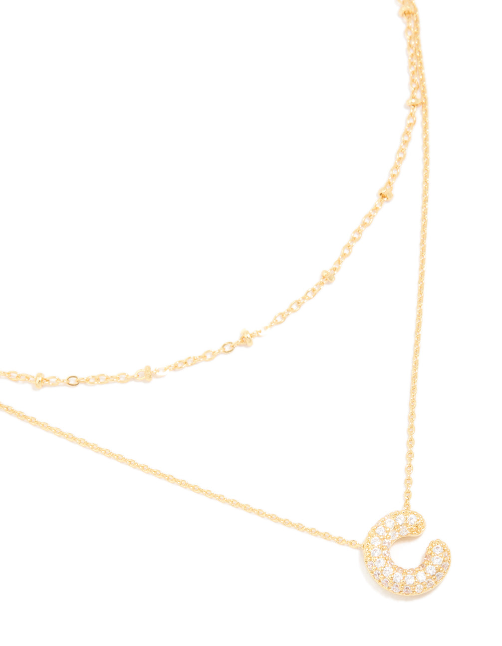 Gold Plated Cubic Zirconia Pave Bubble Letter C Layered Necklace