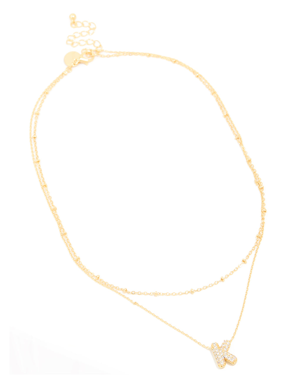 Gold Plated Brass Cubic Zirconia Pave Bubble Letter K Layered Necklace