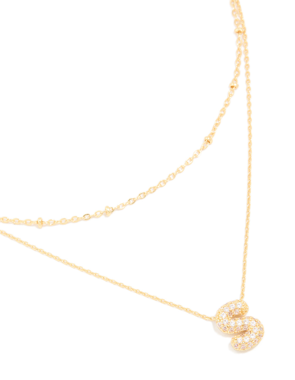 Gold Plated Cubic Zirconia Pave Bubble Letter S Layered Necklace