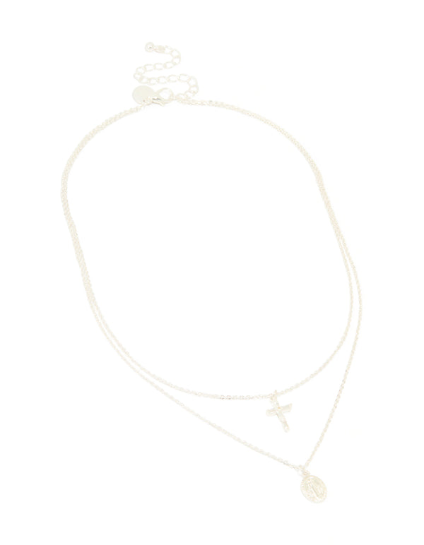 Silver Plated Cross & Mary Pendant Layered Necklace