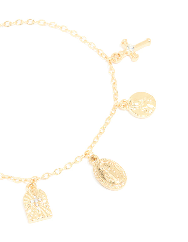 Gold Plated Oval Mary Cross Charm Bracelet