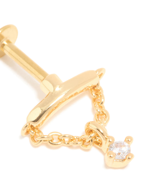 Crafted from gold plated surgical steel with charm featuring cubic zirconia crystal on chain close up view