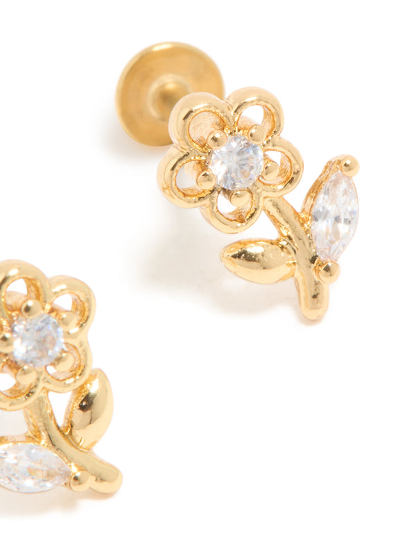 Gold Plated Surgical Steel Cubic Zirconia Flower Stem Flat Back Studs
