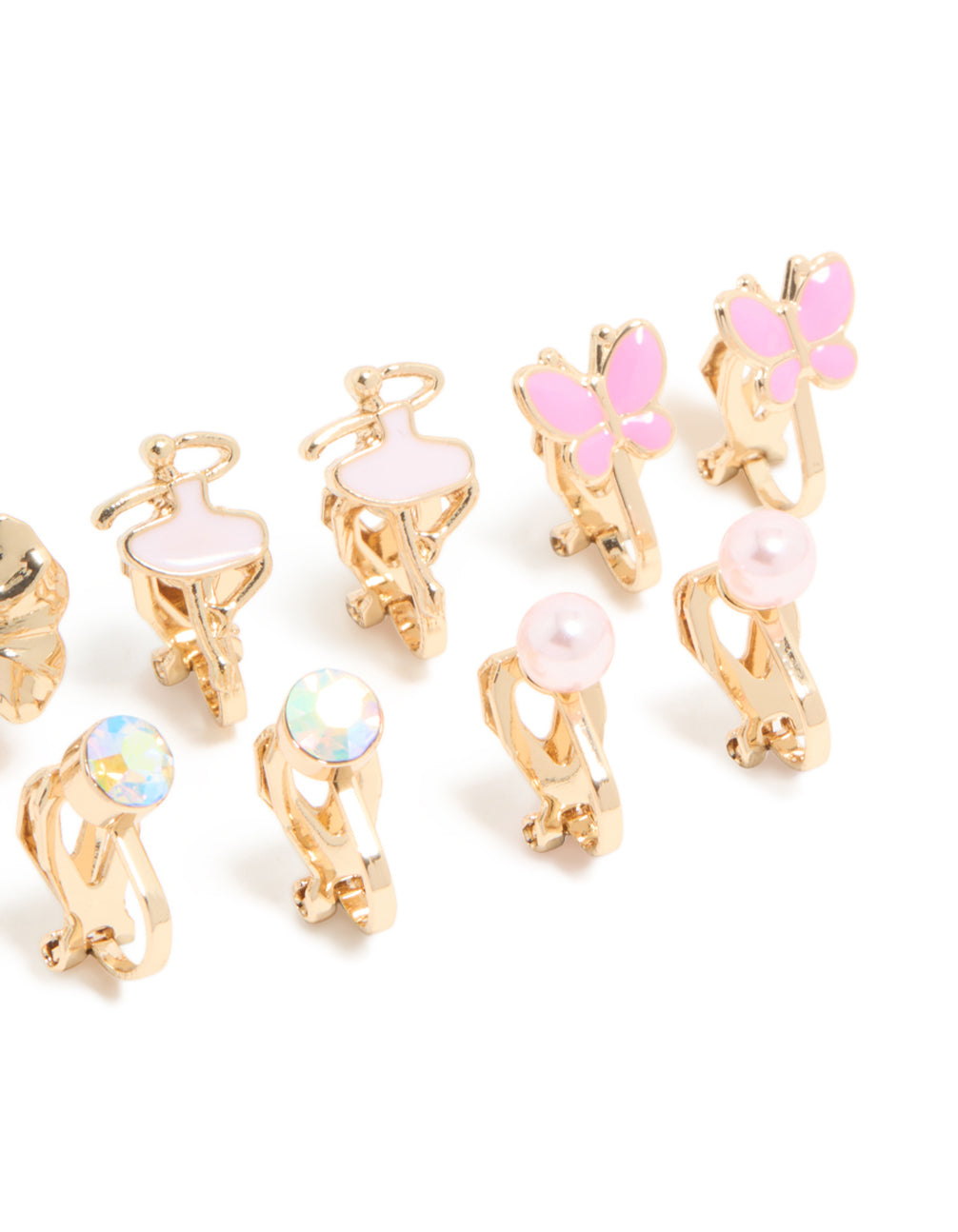 Kids Gold Pink Ballerina & Butterfly Clip-On Earrings 5-Pack