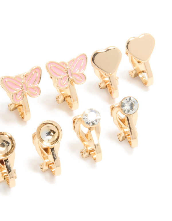 Kids Gold Pink Butterfly & Pearl Centre Flower Clip On Earrings 5-Pack