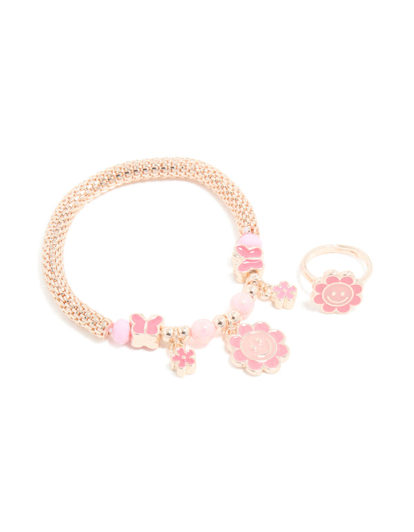 Kids Gold Flower & Butterfly Stretch Bracelet & Ring Set