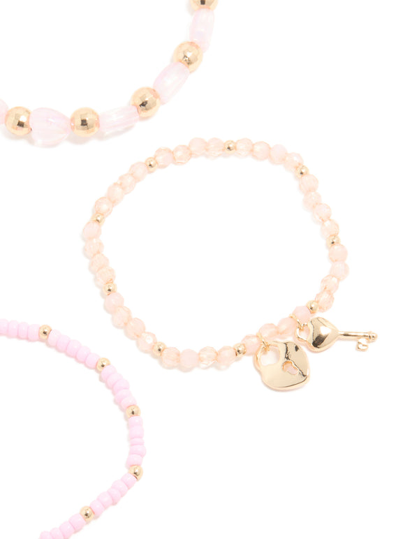 Kids Gold & Pink Beaded Heart Stretch Bracelet Pack