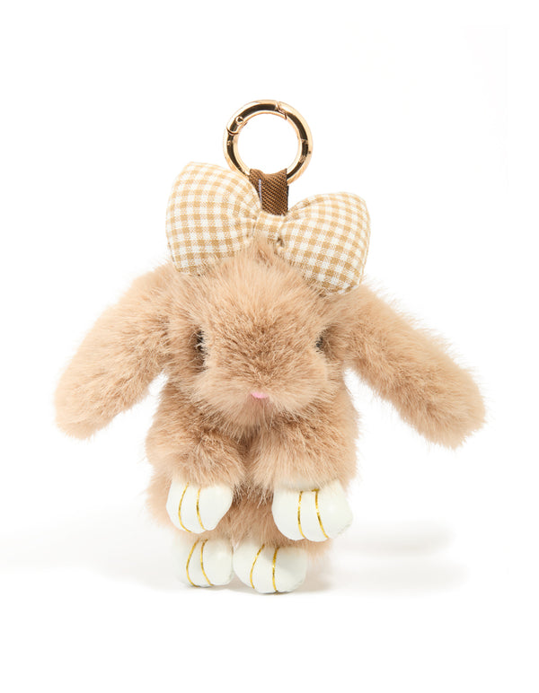 Kids Brown Small Bunny & Gingham Bow Key Chain