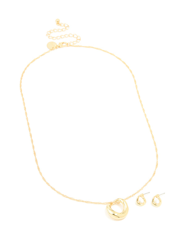 Gold Plated Twisted Circle Necklace & Earrings Set