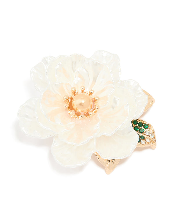 Gold Acrylic White Flower Brooch