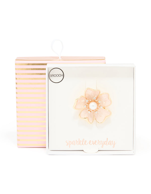 Gold Pink Cream Pearl Flower Brooch
