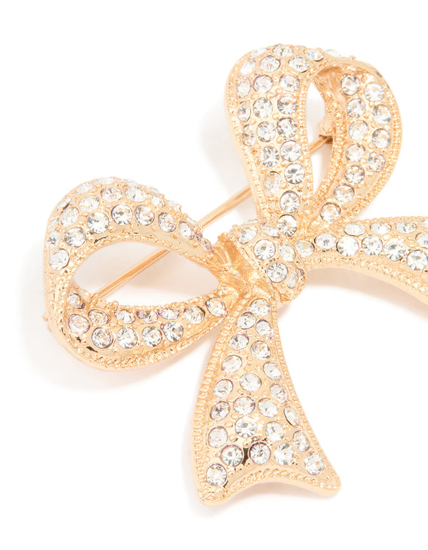 Gold Diamante Cluster Bow Brooch
