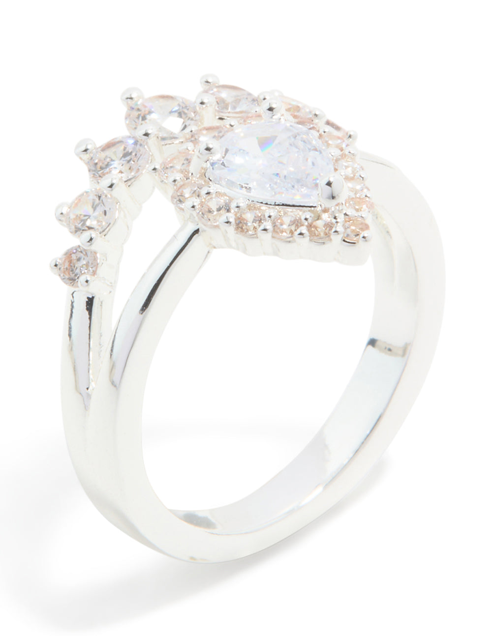 Silver Plated Cubic Zirconia Pear & Crown Layered Ring