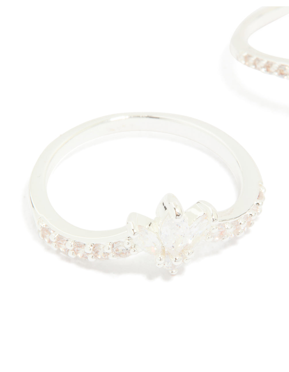 Silver Plated Cubic Zirconia Triple Leaf & Crown Stacking Rings 2-Pack