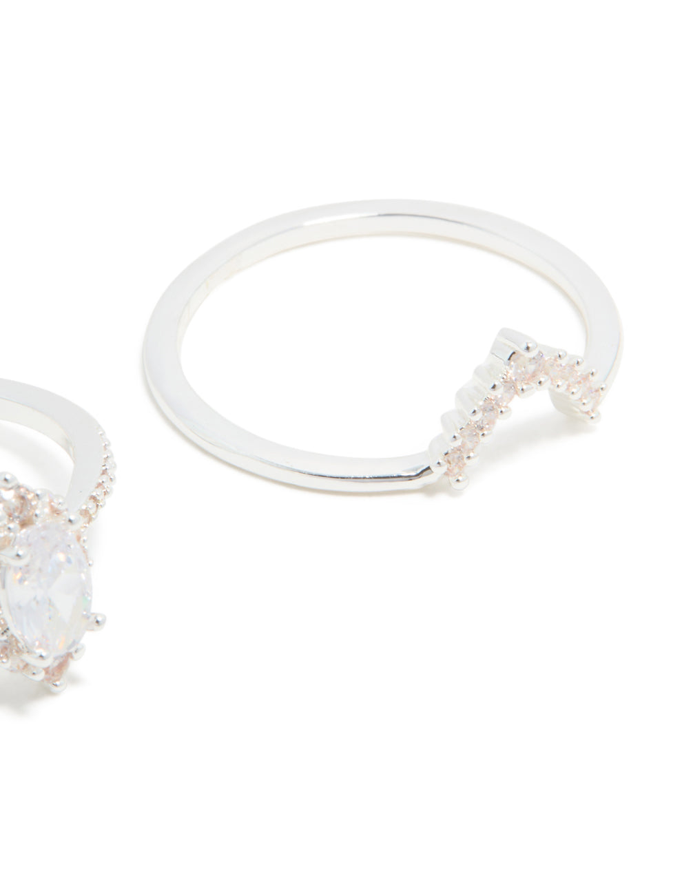 Designed with silver plated cubic zirconia marquise and crown stacking rings 2-pack featuring crystal accents close up view