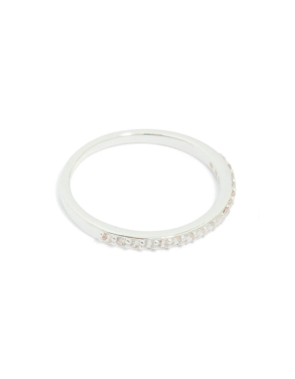 Designed with silver plated cubic zirconia dainty flower and band stacking rings 3-pack in white side detail view