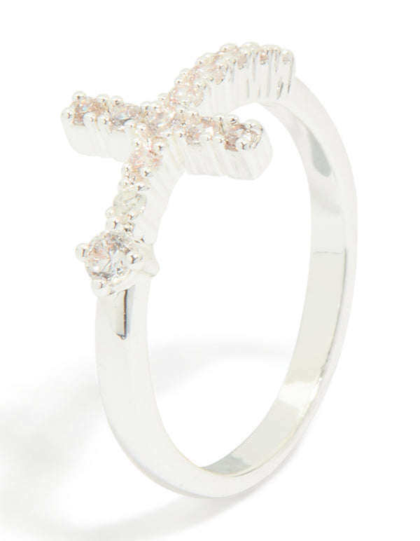 Silver Plated Cubic Zirconia Simple Side Cross Ring